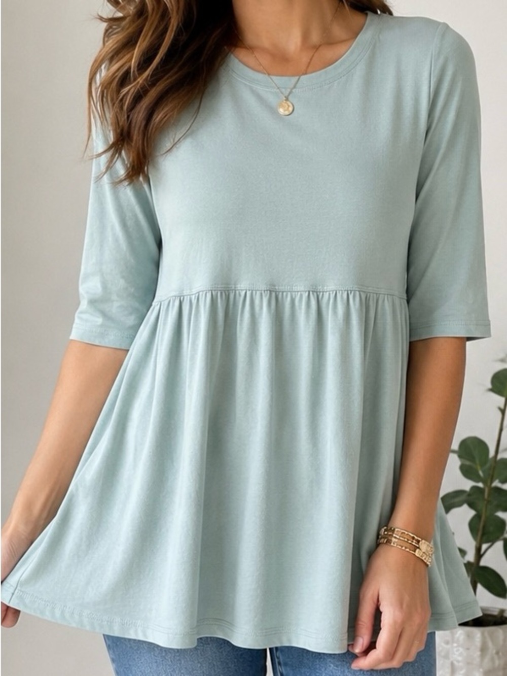 Zenana Babydoll Tunic Top Small Sage Blue Cotton Blend 3/4 Sleeve Boho - Picture 1 of 4